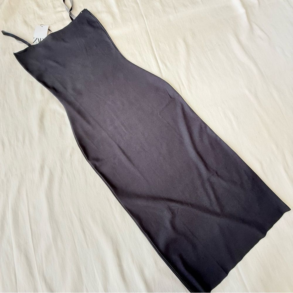 Zara Womens Bodycon Dress Midi Black Stretchy Straps Party Casual Large L